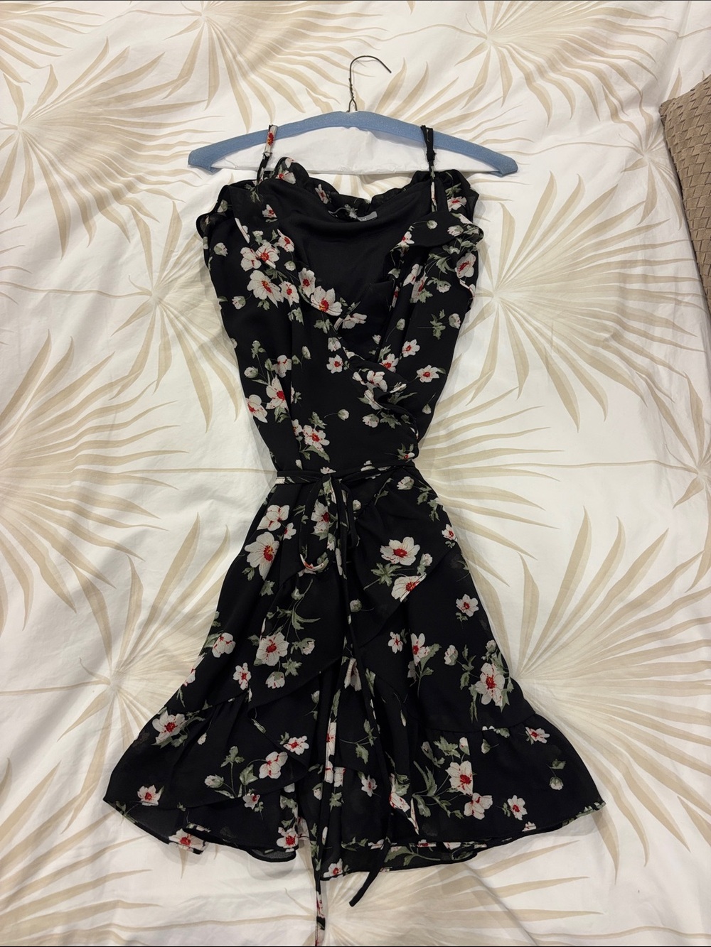 Black Floral Ruffle Tie-Back Mini Dress